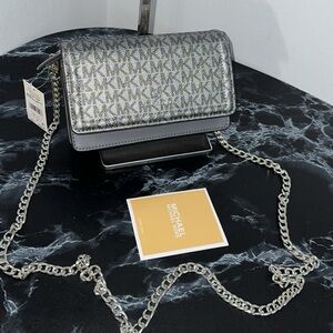 MICHAEL KORS JS MK Logo Charm Small Phone Crossbody Gray Silver Bag AUTHENTIC
